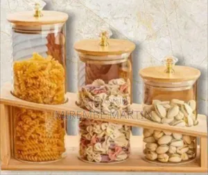 Elegant Glass Storage Canister Set With Wooden Lids and Tiered Rack