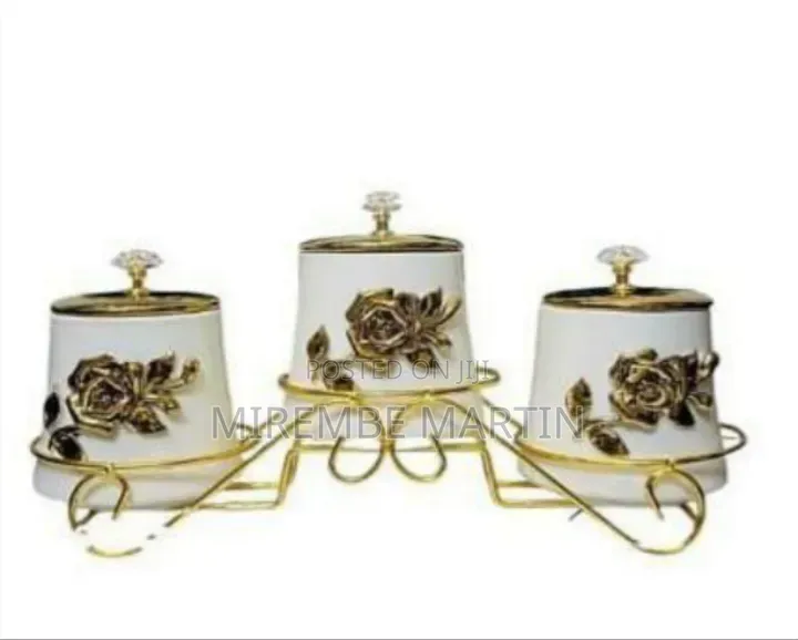 Elegant 3-Piece Ceramic Canister Set With Gold Floral Embellishments