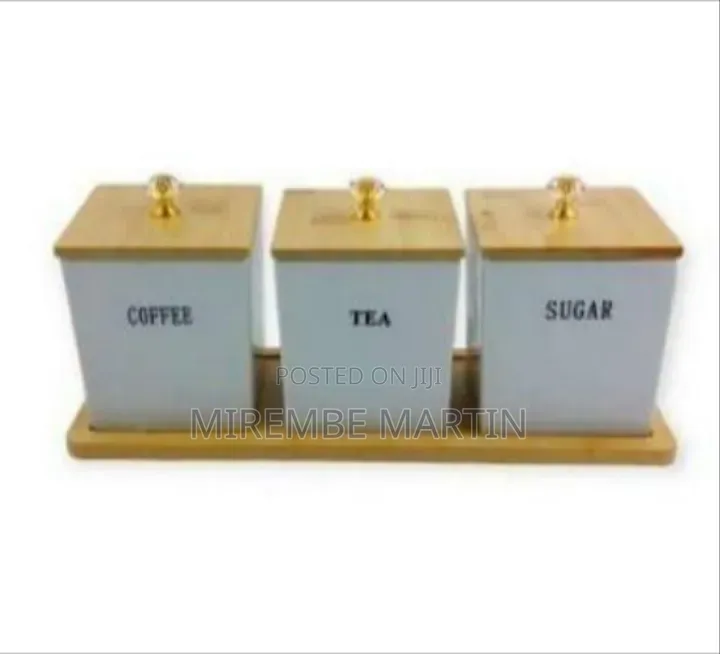 Elegant Coffee, Tea, and Sugar Canister Set With Bamboo Lids and Tray