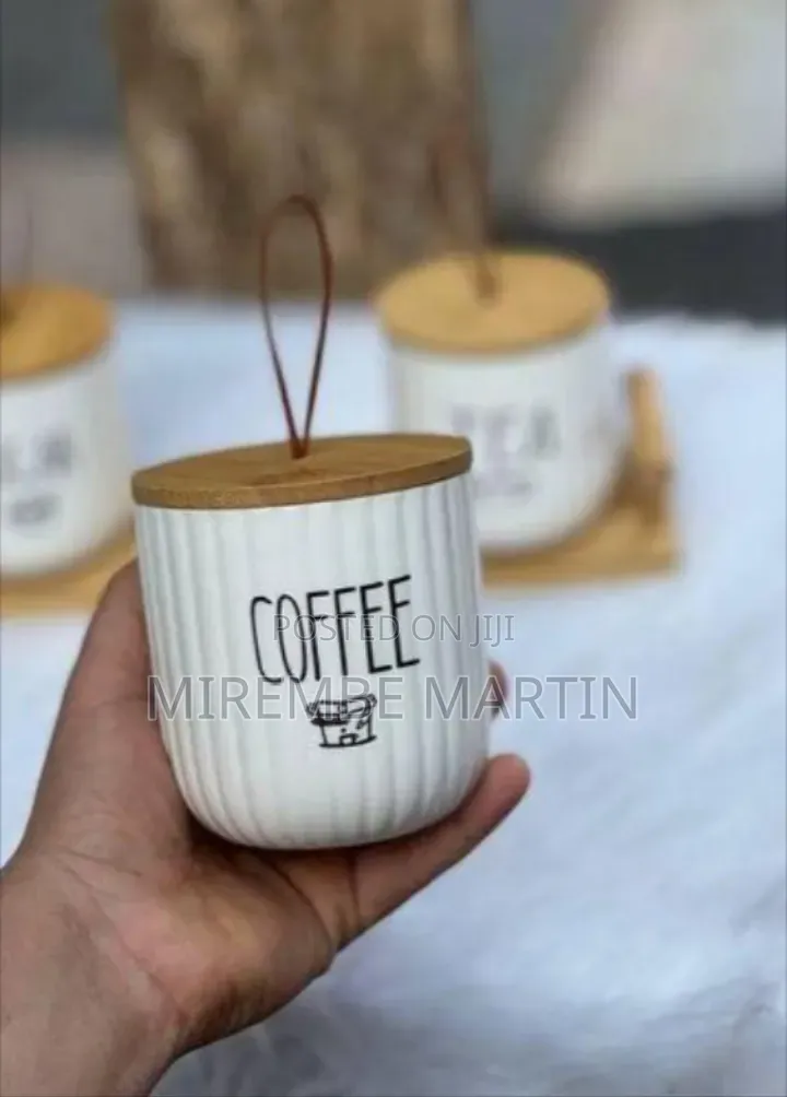 Ceramic Sugar, Coffee, and Tea Canister Set With Wooden Tray and Lids