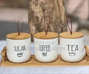 Ceramic Sugar, Coffee, and Tea Canister Set With Wooden Tray and Lids