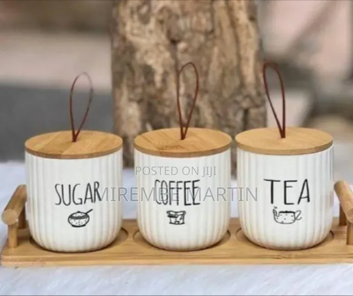 Ceramic Sugar, Coffee, and Tea Canister Set With Wooden Tray and Lids