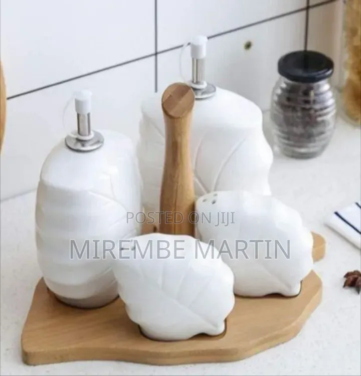 Elegant Ceramic Cruet and Shaker Set With Wooden Caddy