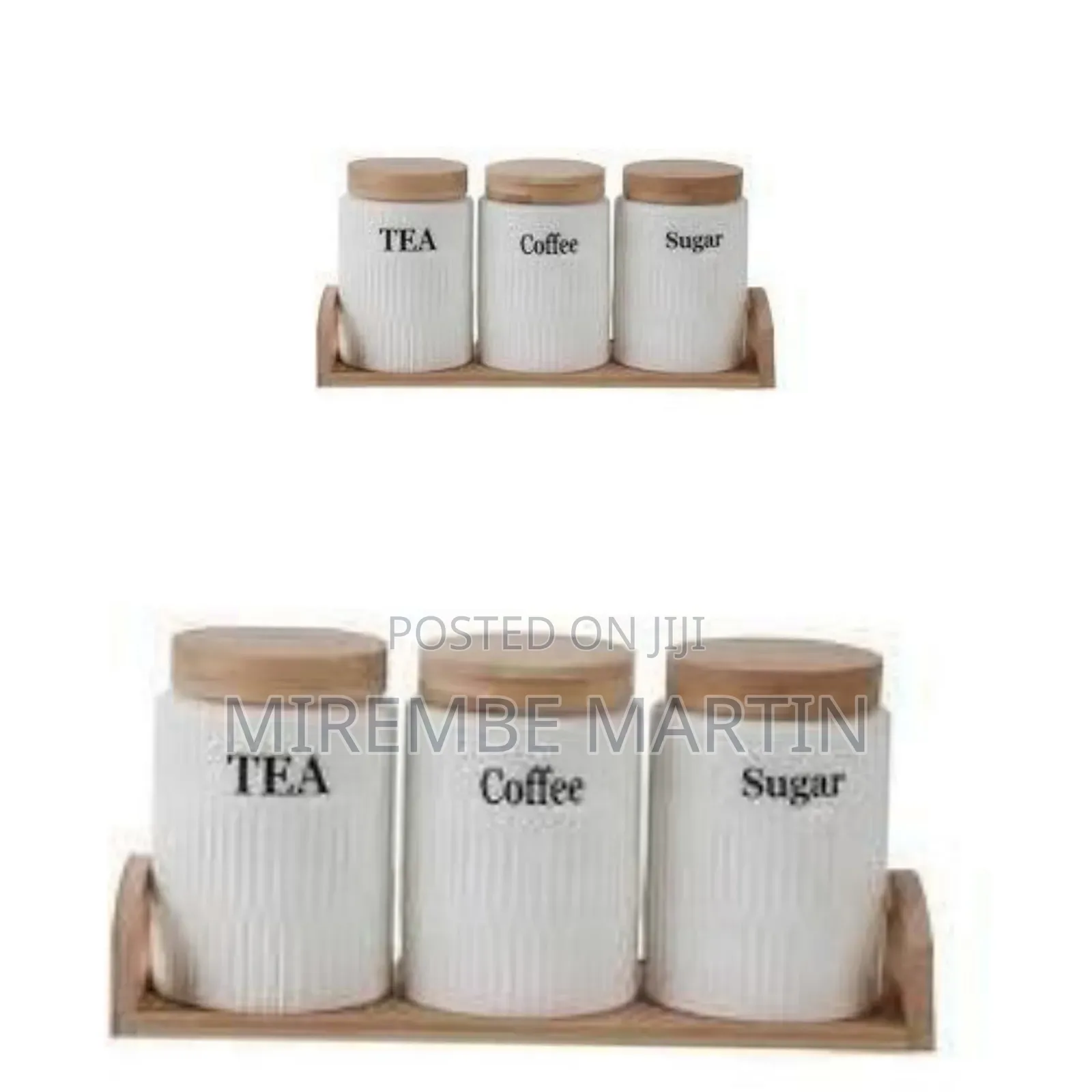 Ceramic Tea, Coffee, and Sugar Canister Set With Wooden Tray and Lids