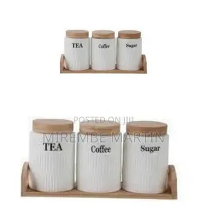 Ceramic Tea, Coffee, and Sugar Canister Set With Wooden Tray and Lids