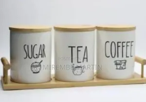 Ceramic Tea, Coffee, and Sugar Canister Set With Wooden Tray and Lids
