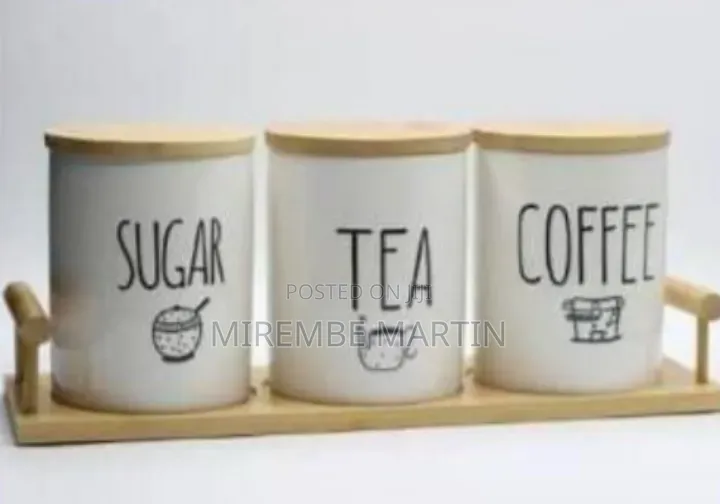 Ceramic Tea, Coffee, and Sugar Canister Set With Wooden Tray and Lids