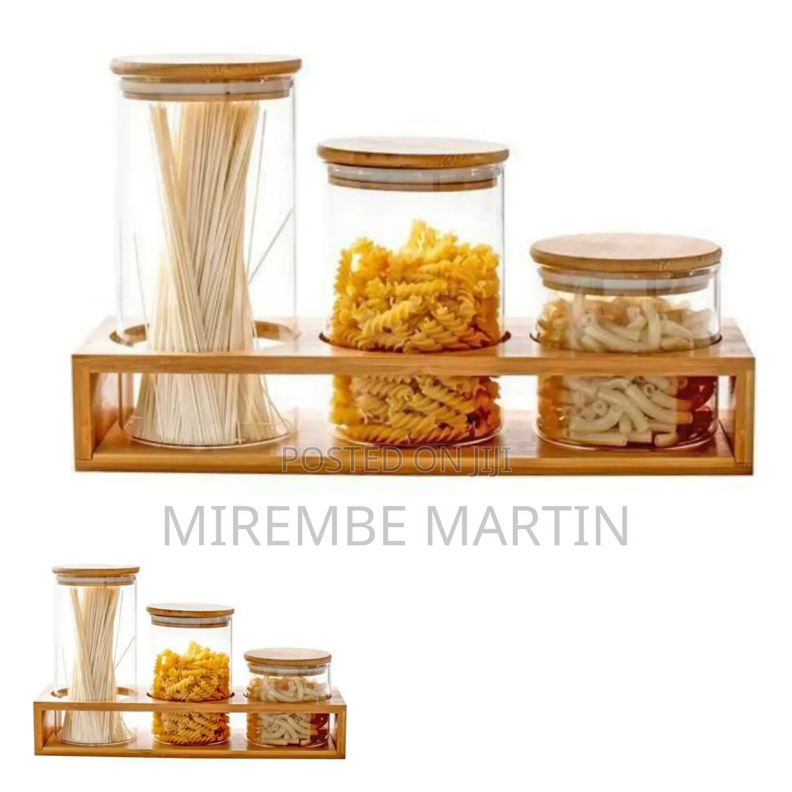 Cylindrical Glass Canister Set With Wooden Lids and Display Rack