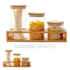 Cylindrical Glass Canister Set With Wooden Lids and Display Rack