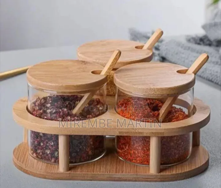3-Piece Rotating Condiment Set With Clear Jars and Wooden Accessories