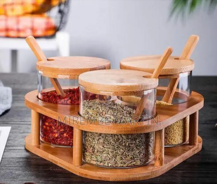 3-Piece Rotating Condiment Set With Clear Jars and Wooden Accessories