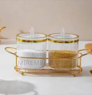 Elegant Fluted Glass Storage Jars Set With Golden Caddy