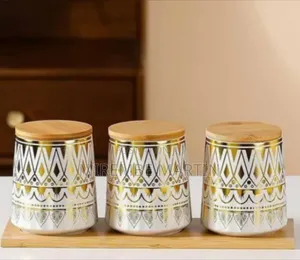 Elegant Ceramic Canister Set With Gold Geometric Pattern and Bamboo
