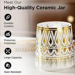 Elegant Ceramic Canister Set With Gold Geometric Pattern and Bamboo
