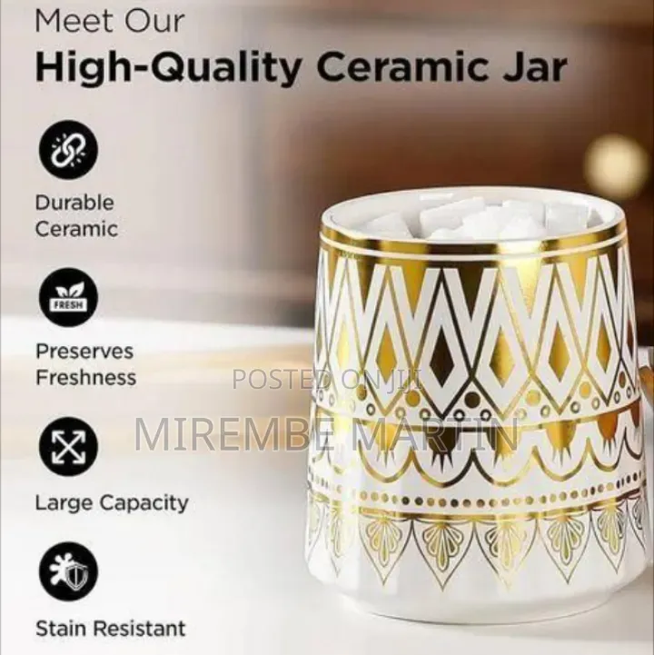 Elegant Ceramic Canister Set With Gold Geometric Pattern and Bamboo
