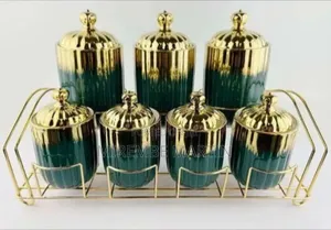 Regal Gold & Black Ceramic Canister Set - 7 Pieces With Metal Rack