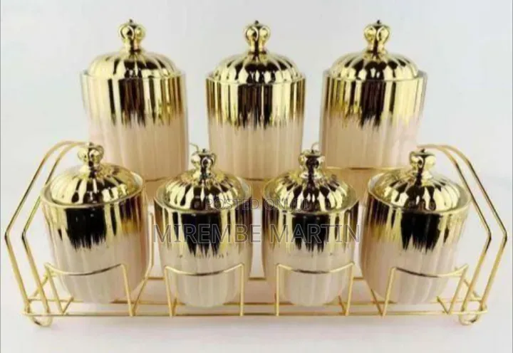 Regal Gold & Black Ceramic Canister Set - 7 Pieces With Metal Rack