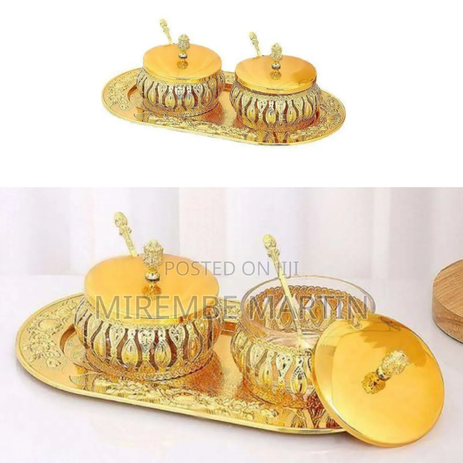 Ornate Decorative Two-Piece Condiment and Spice Serving Set With Tray