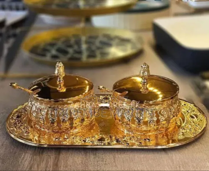 Ornate Decorative Two-Piece Condiment and Spice Serving Set With Tray