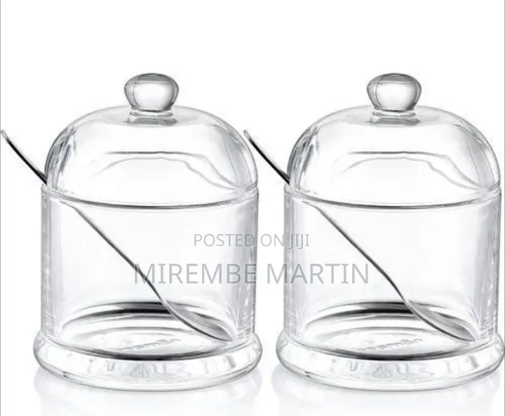 Elegant Glass Condiment Jar 2-Piece Set With Wooden Tray