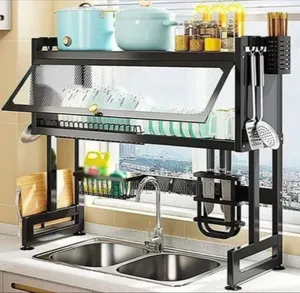 Sink Top Dish Rack With Lid to Keep Utensils Free From Dust-Black