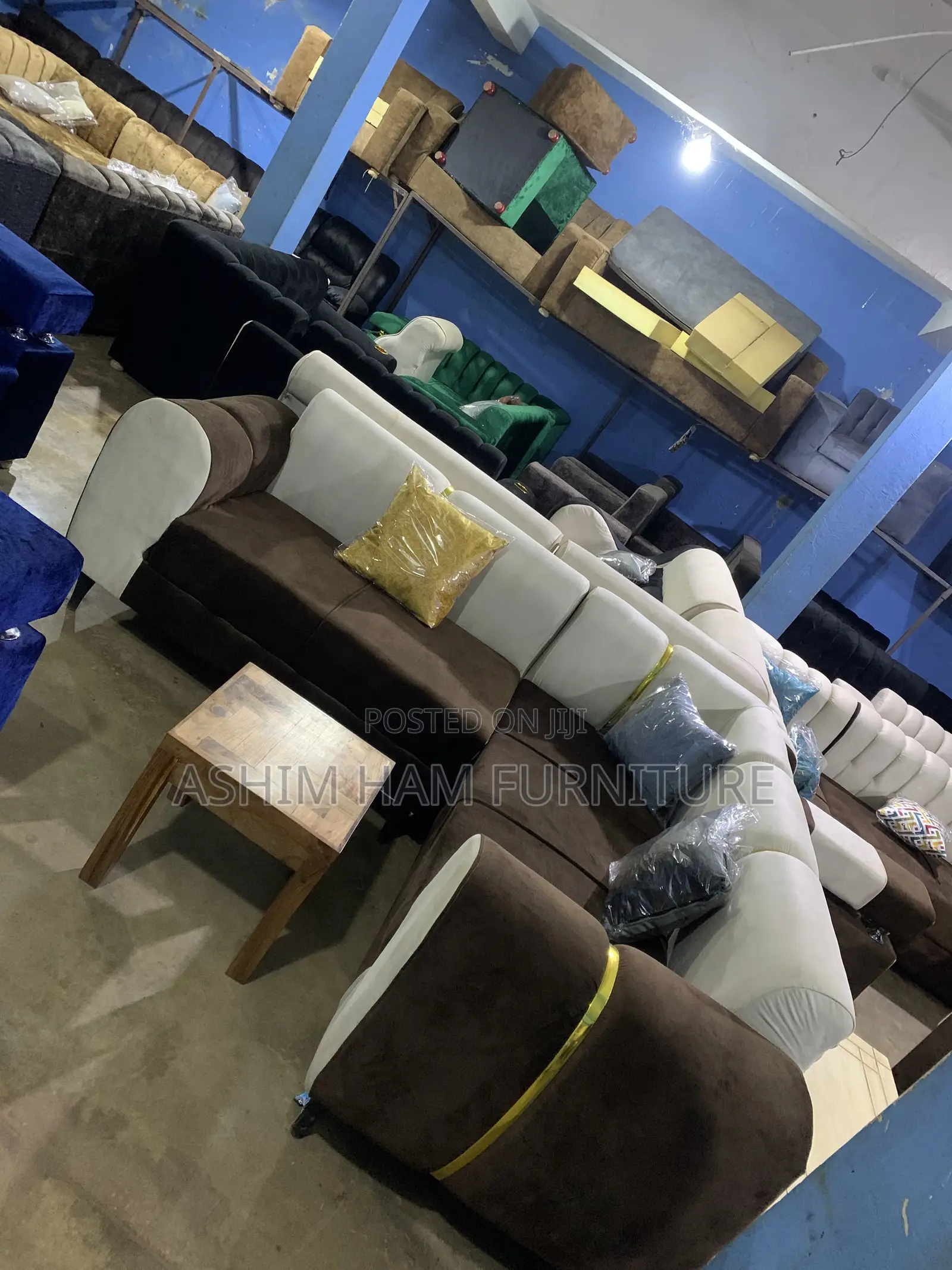 Cream and Brown L Sofa Set