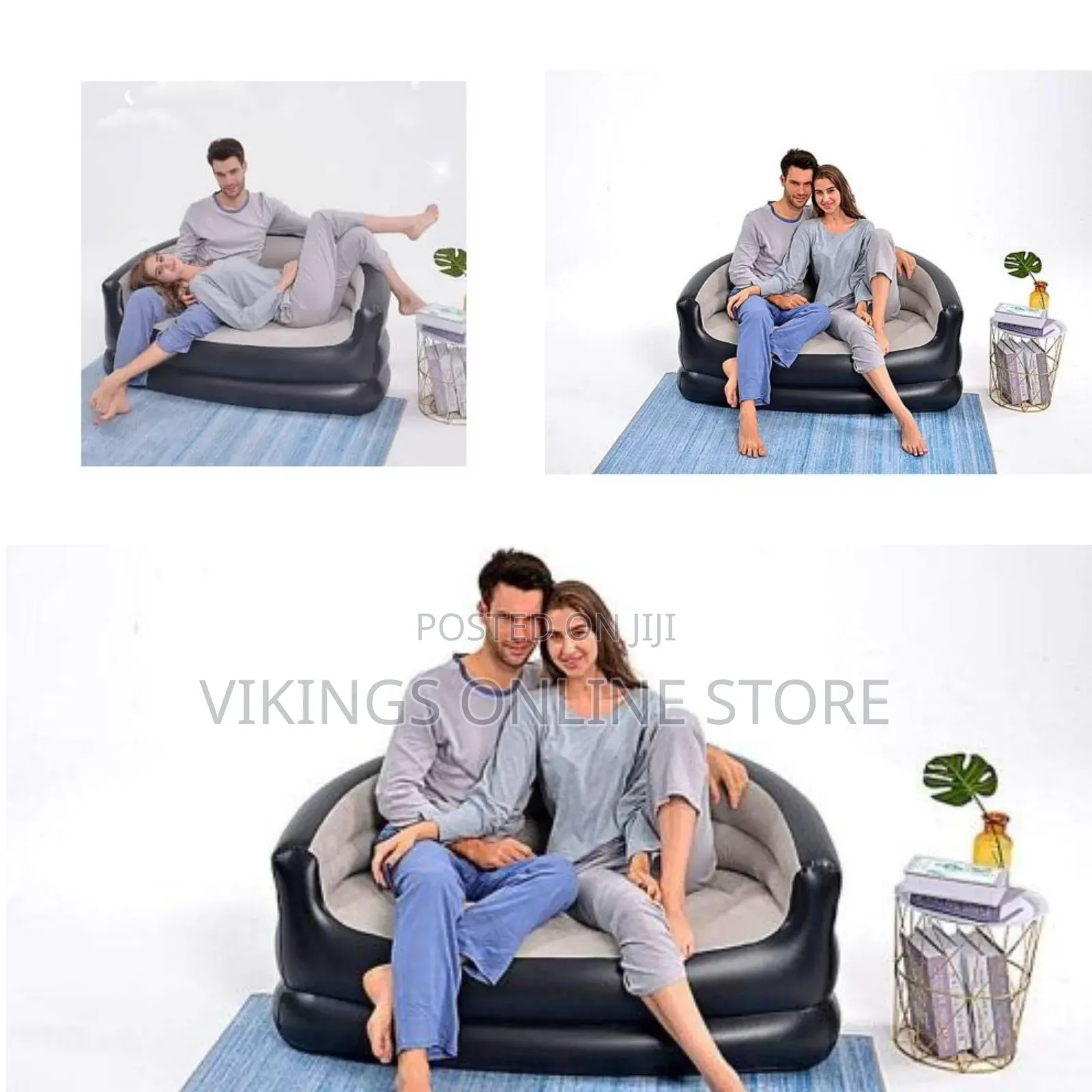 Black and Grey Folding Portable Inflatable Double Sofa With a Soft