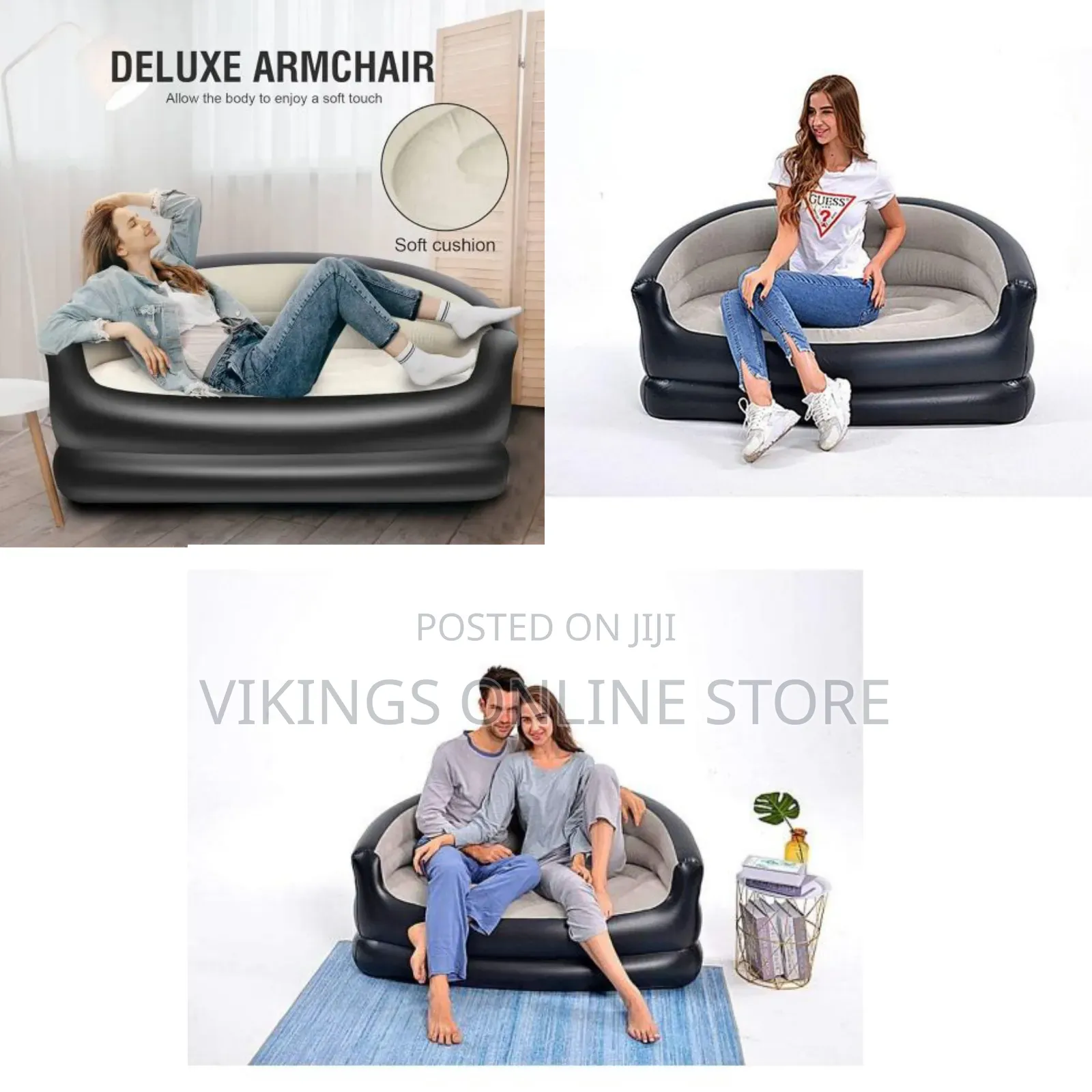 Black and Grey Folding Portable Inflatable Double Sofa With a Soft