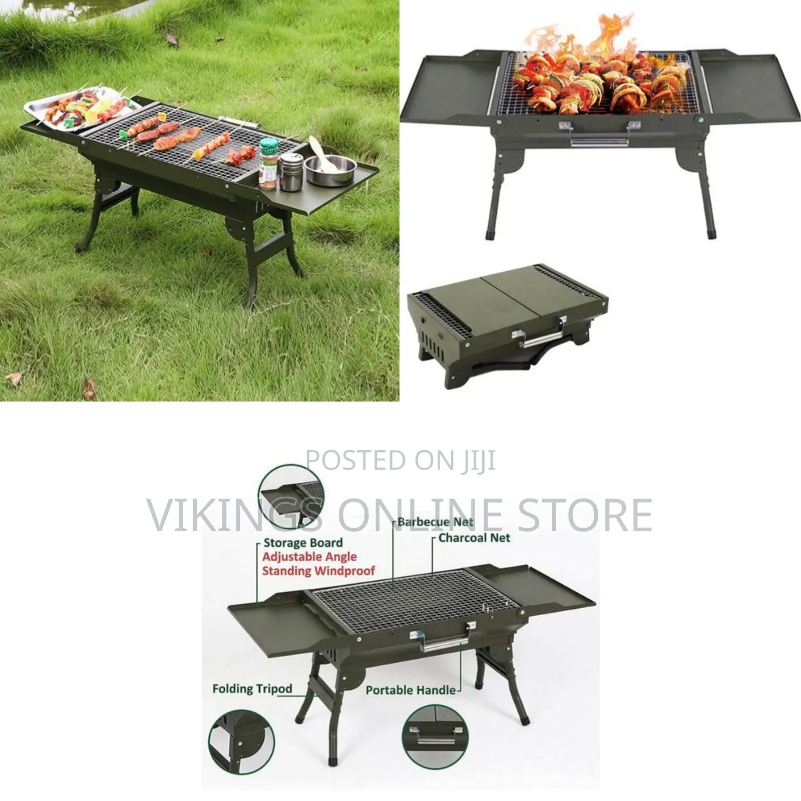 Green Portable Folding Charcoal BBQ Grill With Integrated Side Storage