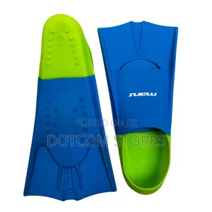 Pair of Short Blue and Neon Green Swimming Training Flippers