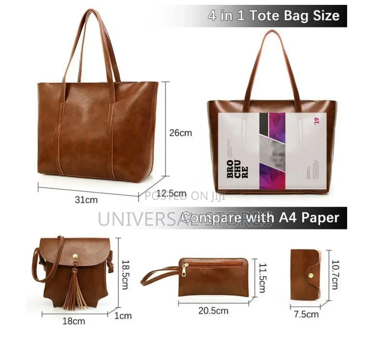 STY 4 in 1 Ladies Handbag Cross-Body Bag Purse Leather Bags - Brown