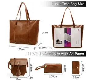 STY 4 in 1 Ladies Handbag Cross-Body Bag Purse Leather Bags - Brown