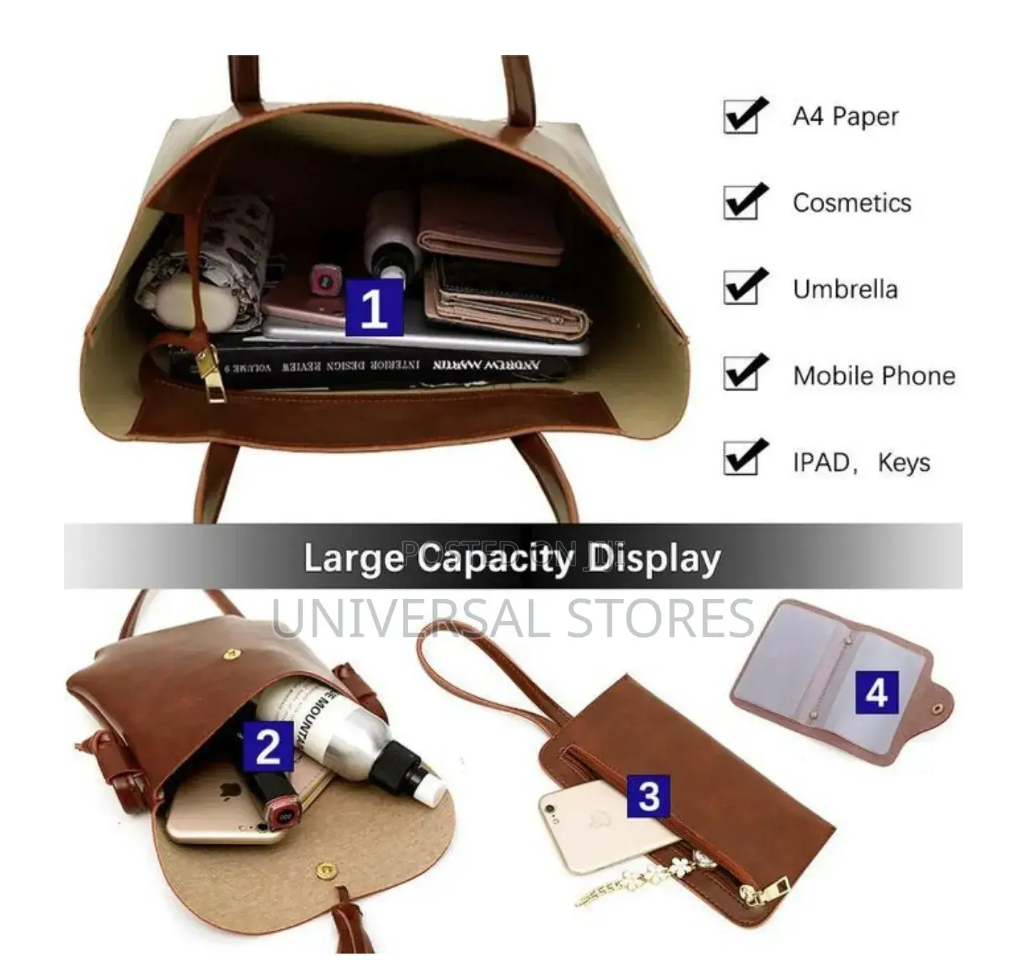 STY 4 in 1 Ladies Handbag Cross-Body Bag Purse Leather Bags - Brown