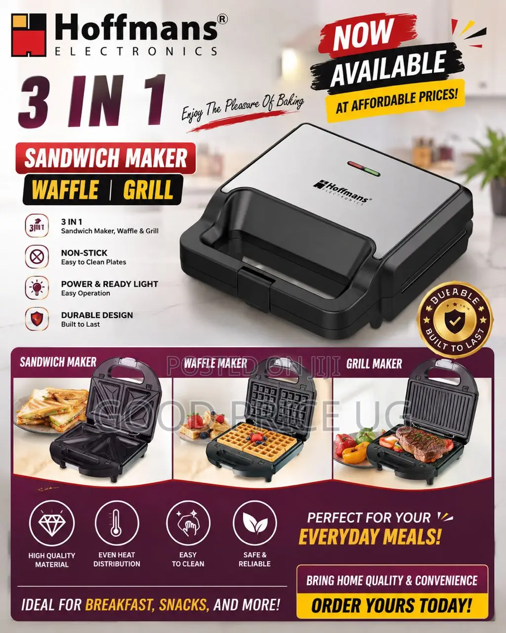 Hoffmans Electronics 3-in-1 Sandwich Maker, Waffle, and Grill.