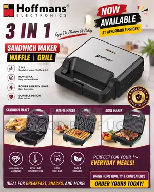 Hoffmans Electronics 3-in-1 Sandwich Maker, Waffle, and Grill.