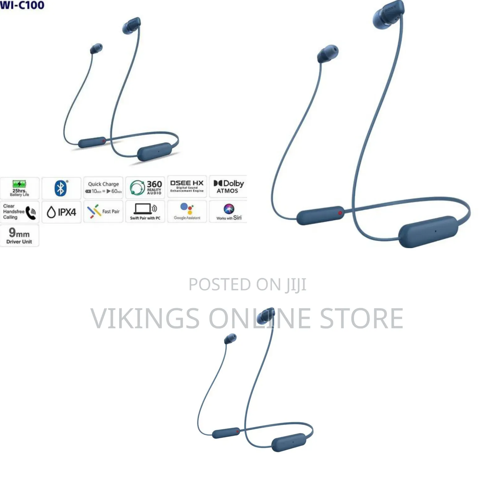 Sony WI-C100 Wireless in-Ear Headphones in Blueflexible Neckband