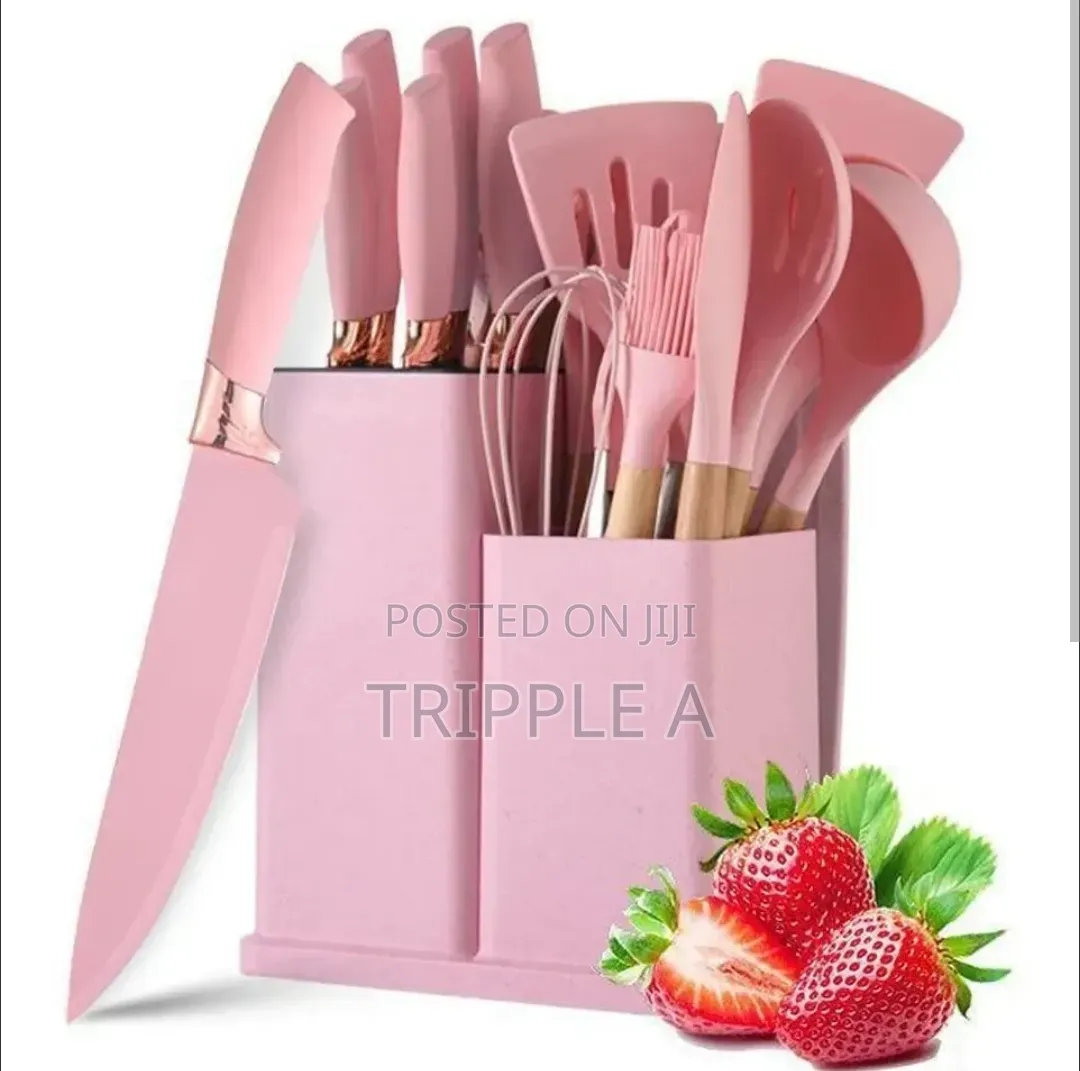 19 Pink Kitchen Ware Set With Holder