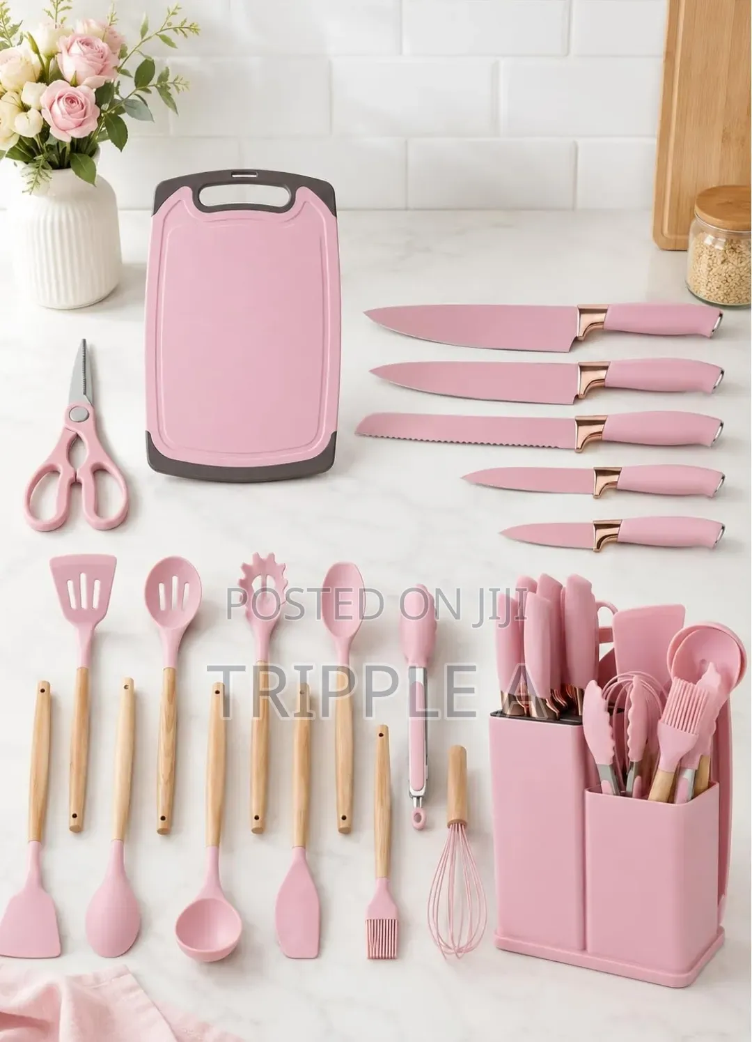 19 Pink Kitchen Ware Set With Holder