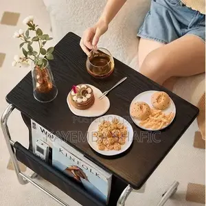 C-Shaped Mobile Rolling Sofa Side Table With Storage Pocket