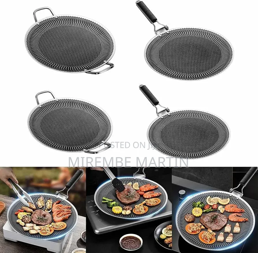 Outdoor Baking Tray Frying Pan Round BBQ Grill Stainless Steel Handle