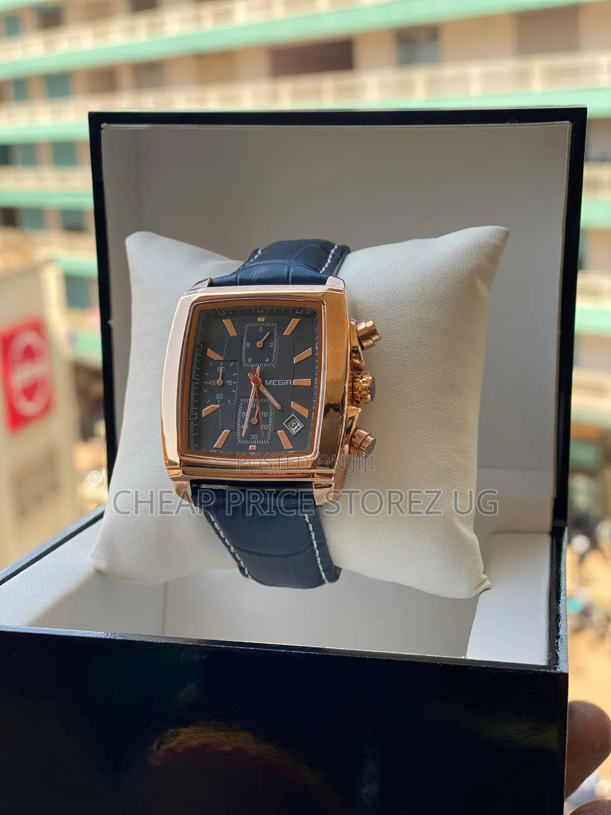 Megir Rectangular Quartz Chronograph Watch Featuring a Rose-Gold Case