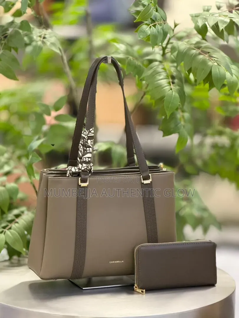Chrisbella Handbags 2in1 Set Nude Beige Office Tote+ Wallet+ Twilly