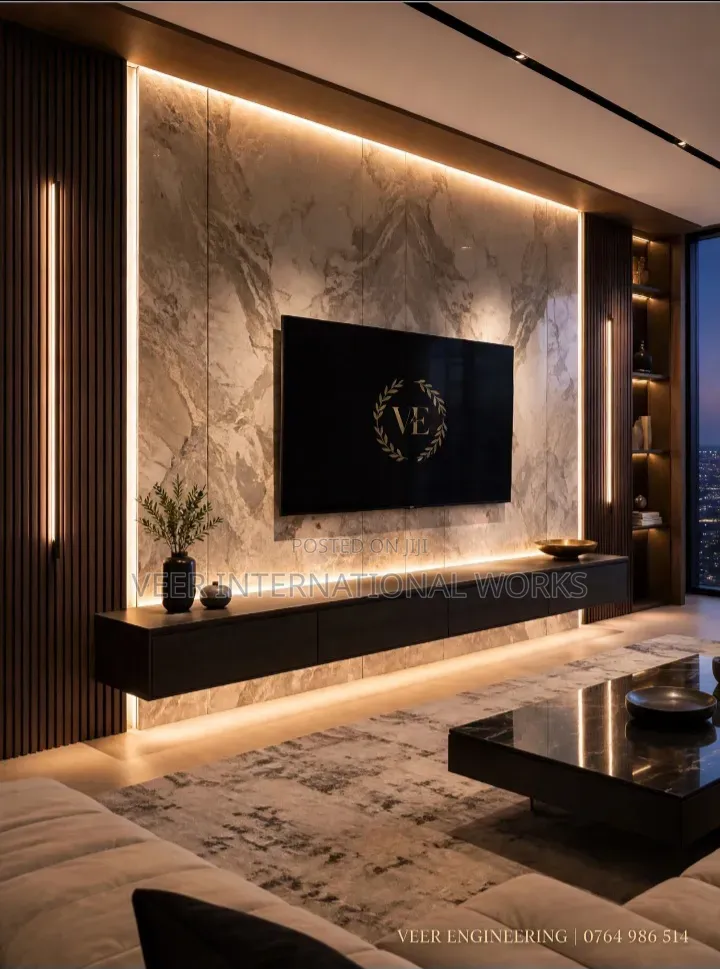 Luxury TV Unit/ Media Wall With Led Lights Custom Made Kampala