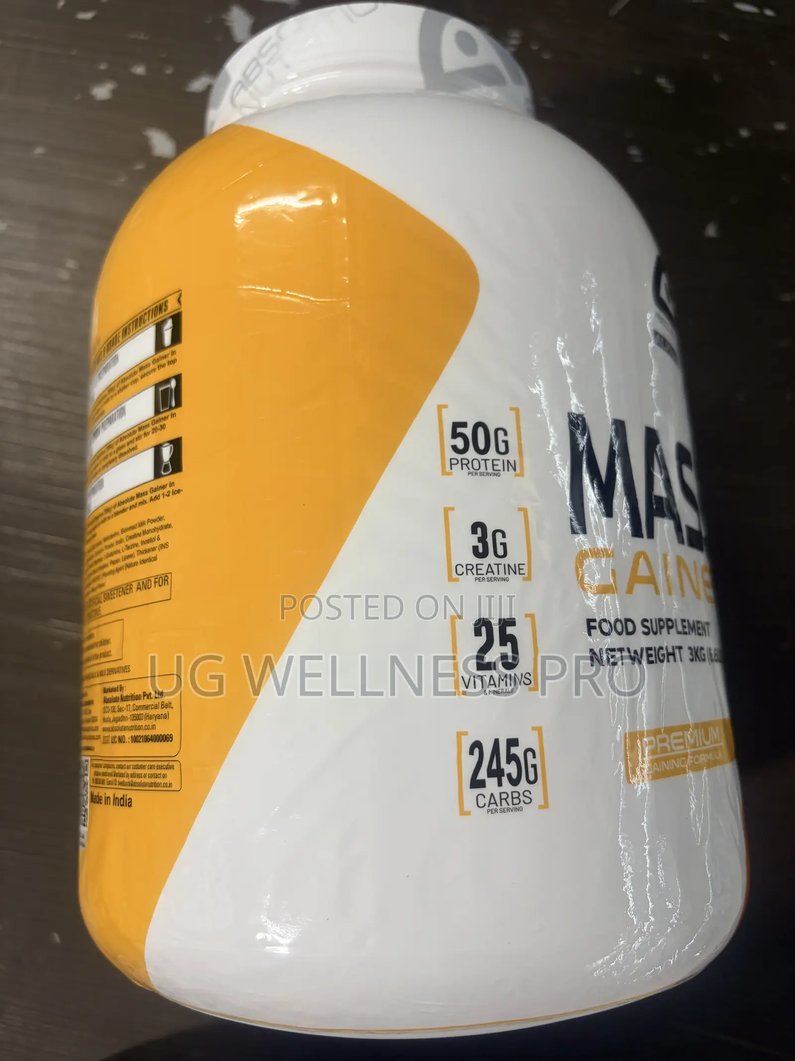 Absolute Nutrition Mass Gainer 3kg (Mango) - Zero Sugar, 8 Servings