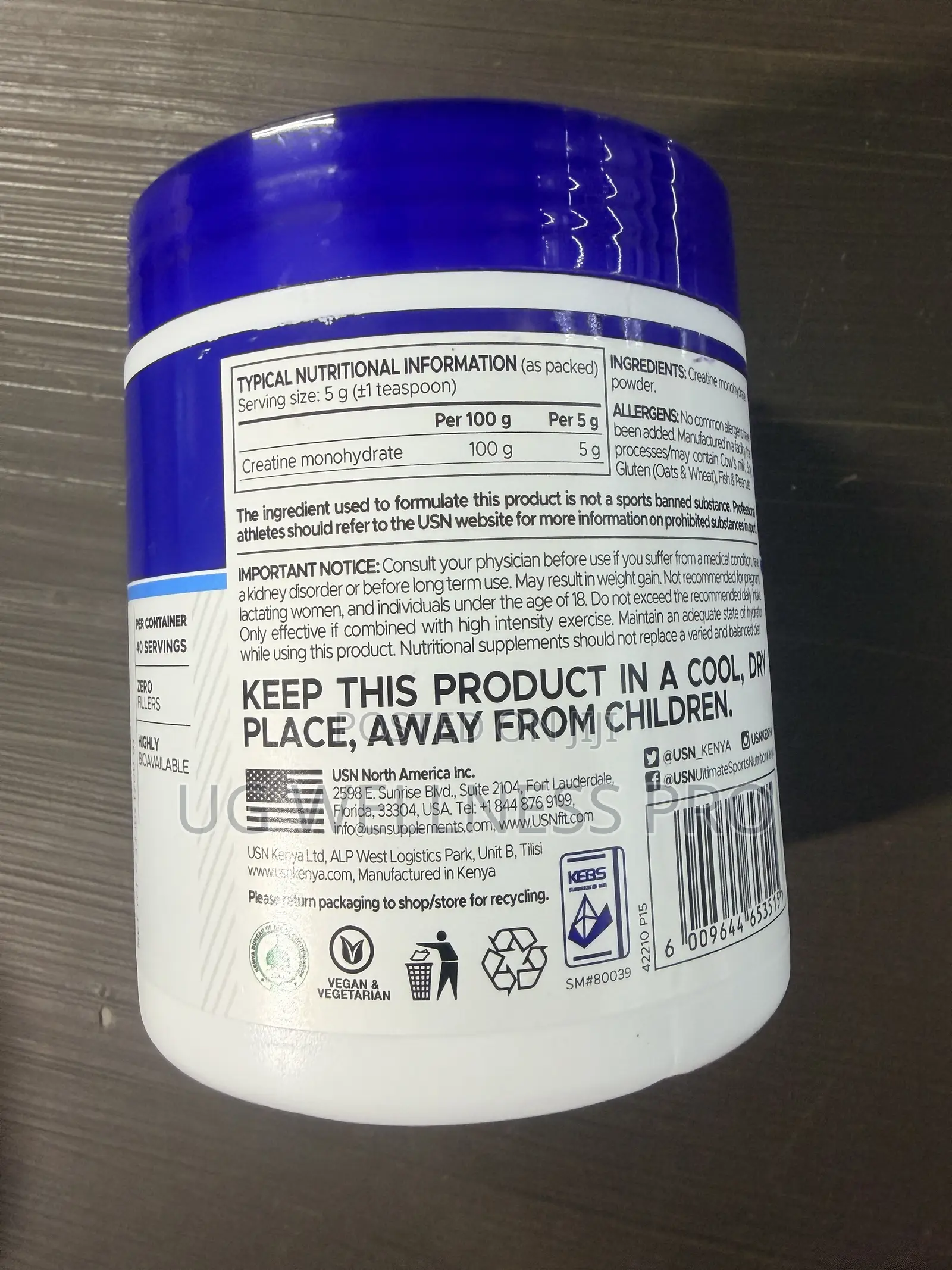 USN Pure Creatine Monohydrate Powder Unflavored (40 Servings) - 5g/Ser