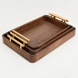 Wooden Serving Tray Set / Coffee Trays With Gold Metal Handles