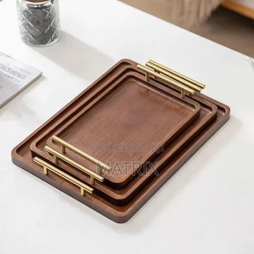 Wooden Serving Tray Set / Coffee Trays With Gold Metal Handles