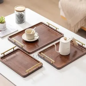Wooden Serving Tray Set / Coffee Trays With Gold Metal Handles