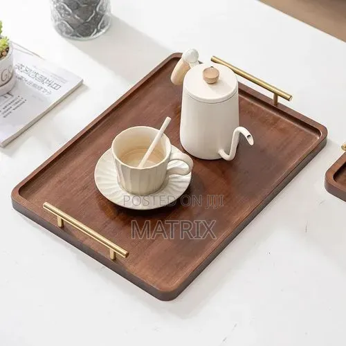 Wooden Serving Tray Set / Coffee Trays With Gold Metal Handles