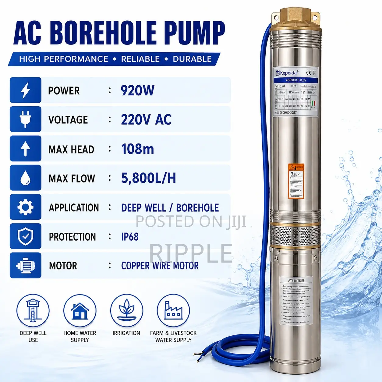 920W AC Borehole Pump 108m Head 5,800l/H 220V Deep Well Water Pump
